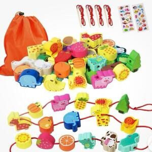 BMTOYS Wooden Lacing Beads Educational Threading Learning Toy animals & food 3+
